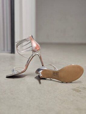 Strappy Metallic Silver High Heel Sandals With Ankle Strap Closure - Womens